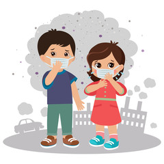 Air Pollution Vector Illustration. Air Pollution: Smog And Fog In The Large City. Young Kids Boy And Girl Wearing A Protective Face Mask Flat Editable Illustration.