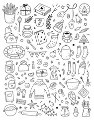 Big Hygge collection with hand drawn vector outline illustrations. Hygge symbols and icons on white background. Scandinavian lifestyle objects