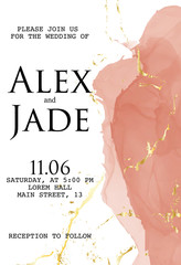 Obraz premium Wedding alcohol ink card with golden sparkles. Tender gold greeting brush strokes wedding decoration. Abstract design for cover, banner, invitation, card Branding and identity Vector illustration.