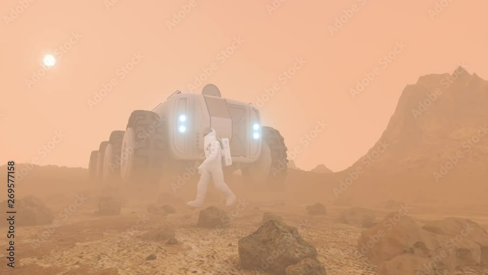 Wall mural astronaut on desolate mars like planet surface, walks from right to left with an all terrain vehicle