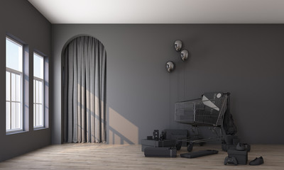 Interior Space with supermarket shopping cart surrounding by giftbox on black background. Concept design. 3d rendering