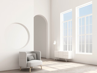 Obraz na płótnie Canvas Interior concept of memphis design, Armchair with console and prop. 3d render