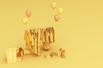Clothes on a hanger surrounding by bag and market prop with credit card on the floor. 3d rendering