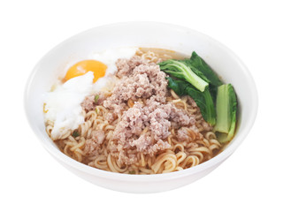 instant noodles in bowl with boiled egg and minced pork isolated on white