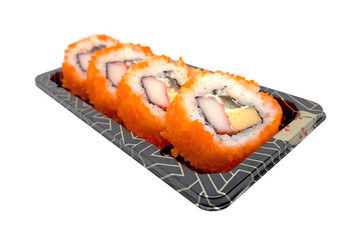 california sushi rolls set in plastic package isolated on white