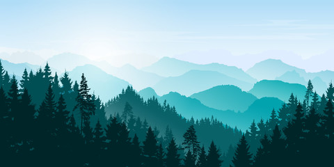 Mountain  landscape. Mountains and coniferous forest. Tourism and travelling. Vector silhouette