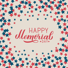 Happy Memorial Day calligraphy lettering. American retro patriotic background with stars in colors of flag of USA. Easy to edit vector template for logo design, banner, greeting card, postcard, flyer.