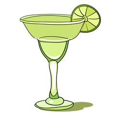 Glass with an alcoholic cocktail, decorated with a slice of lime, color illustration in vector, for the design of cafes and restaurants