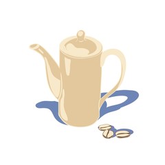 Large coffee pot, brightly lit by the sun, part of the coffee set, vector illustration, for cafes and restaurants
