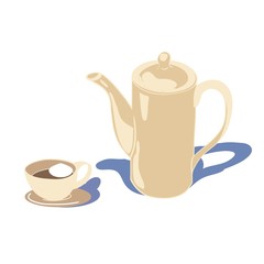 A large coffee pot, and a cup of morning coffee with cream, brightly lit by the sun, part of the coffee service, vector illustration, for cafes and restaurants