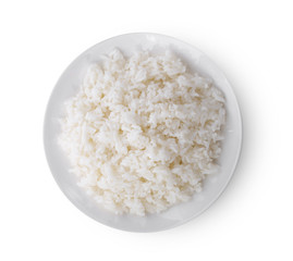 jasmine rice in white plate on white background. top view