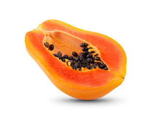 half of ripe papaya fruit with seeds isolated on white background