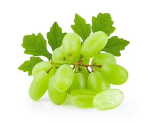 Green grape with leaf  isolated on white. Full depth of field