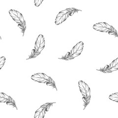 Seamless pattern with grey outline of bird feathers. Hand drawn vector illustration
