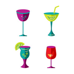 Set of cocktail and wine glasses. Cocktail concept. Flat style design vector illustration.