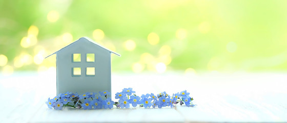 mini toy house and blue flowers. house on spring nature background. concept of mortgage,...