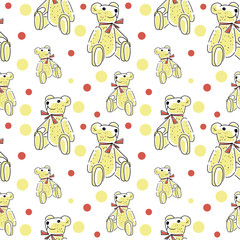 Teddy bear pattern. Cartoon bears on white backdrop. Hand Drawn doodle toy bears. Seamless wallpaper.