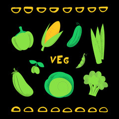 Set with hand drawn colorful doodle vegetables and lettering veg. Sketch style vector collection. Vegetables flat icons set tomato, peppers, potato isolated on black background. Menu design, market