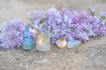 fluorite, citrine, quartz and lilac flower. gemstones crystal minerals for relaxation and...