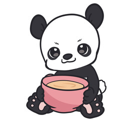 Cute panda and a pink cup of tea isolated on white background