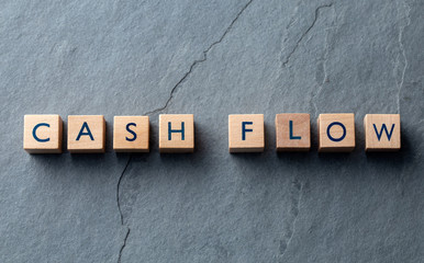 CASH FLOW words on wooden blocks on slate base