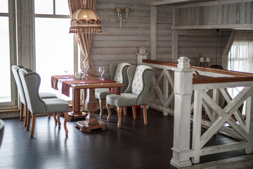 the interior of cafe in bright colors