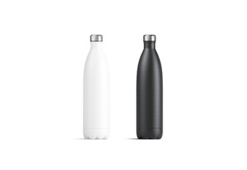 Blank white and black thermo sport bottles mock up, 3d rendering. Empty tourism metal botle with clip mock up isolated. Clear vacuum container of aluminum for tea template. Clear eak proof termos. - obrazy, fototapety, plakaty