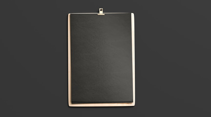 Blank black cafe menu, wooden plank mockup, A4, top view, 3d rendering. Empty paper card with holder on wood holder mock up isolated. Clean checklist drinks on frame for restaurant or bar template.