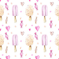 Ice cream  candy  heart watercolor illustration Summer seamless pattern on white background