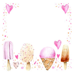 Ice cream   heart watercolor illustration Summer frame on white background  hand drawn  on white background with space for text. 