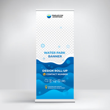 Banner roll-up for water Park, creative concept for presentations and advertising, template for posting photos and text. Modern blue background with sea waves