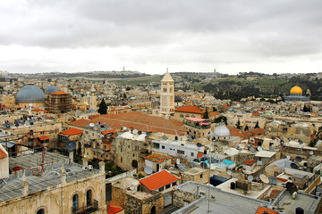Fototapeta premium Panorama of Jerusalem: Dome of the Rock, Church of the Redeemer, Domes of the Church of the Holy Sepulchre, Hebrew University