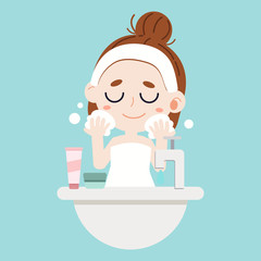 a Girl cleaning and care her face. Clean the face.a cute character cartoon girl washing face on blue background. Child washing face. skincare. cute flat vector style