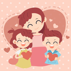 I love mom card. Happy mother's day . mother and baby on heart background.Happy mother's day is holiday for celebrate about mother. cute cartoon flat vector style.