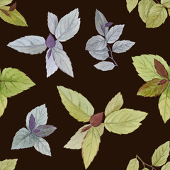 Seamless watercolor pattern. Drawn leaves for packaging, wallpaper, fabric. Design element. Watercolor painted leaves. Elegant leaves for art design.