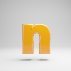Glossy yellow lowercase letter N isolated on white background.
