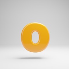Glossy yellow lowercase letter O isolated on white background.