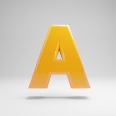 Glossy yellow uppercase letter A isolated on white background.
