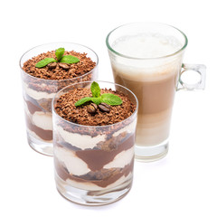 Classic tiramisu dessert in a glass and cup of coffee isolated on a white background with clipping path