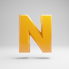 Glossy yellow uppercase letter N isolated on white background.