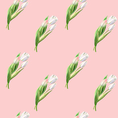 Seamless pattern from beautiful white tulips. Floral collection. Marker drawing. Watercolor painting. Floral composition of design elements. Greeting card. Painted background. Hand drawn illustration.