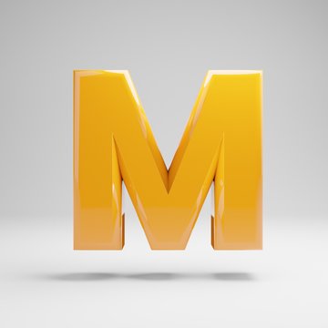 Glossy yellow uppercase letter M isolated on white background.