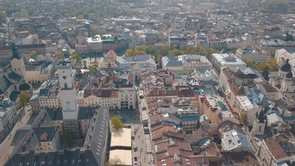 Aerial City Lviv, Ukraine. European City. Popular areas of the city. Town Hall