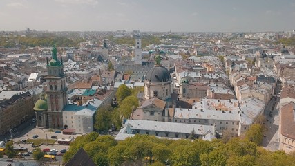 Fototapeta premium Lvov, Ukraine. Aerial City Lviv, Ukraine. Panorama of the old town. Dominican
