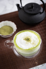 green tea latte in glass mug