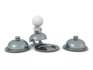 3D Character lifting the lid of middle cloche food platter