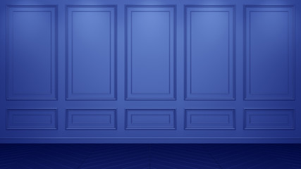 Classic blue interior with copy space. Red walls with classical decor. Floor parquet herringbone. 3d rendering
