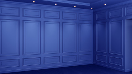 Classic blue interior with copy space. Red walls with classical decor. Floor parquet herringbone. 3d rendering