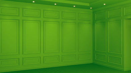 Classic green Interior living studio mock-up 3D rendering. Empty room for your montage. copyspace