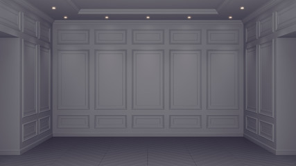 Classic Gray interior with copy space. Red walls with classical decor. Floor parquet herringbone. 3d rendering